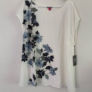 Vince Camuto 2X Pearl Ivory w/Blue Gray Floral Cap Sleeve Blouse NWT